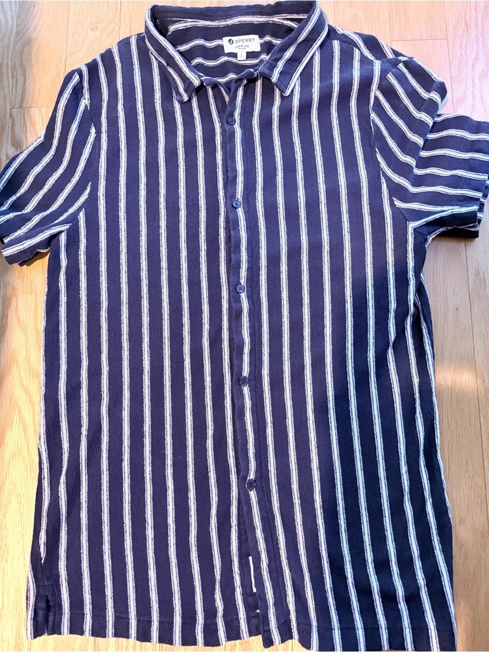 Sperry Navy Blue and White Vertical Stripe Short-Sleeve Button-Down Shirt